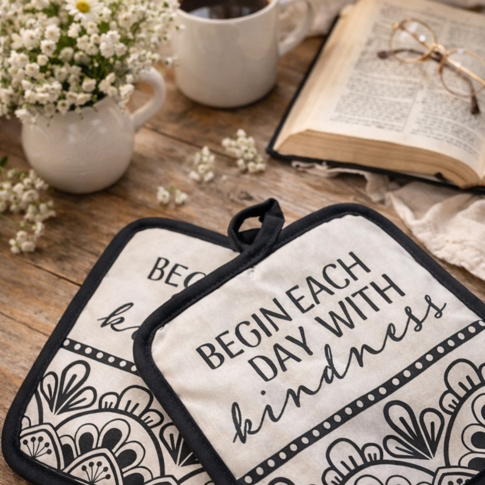 Black and White Pot Holders with Inspirational Quote- Begin Each Day w Kindness - Picture 12 of 16